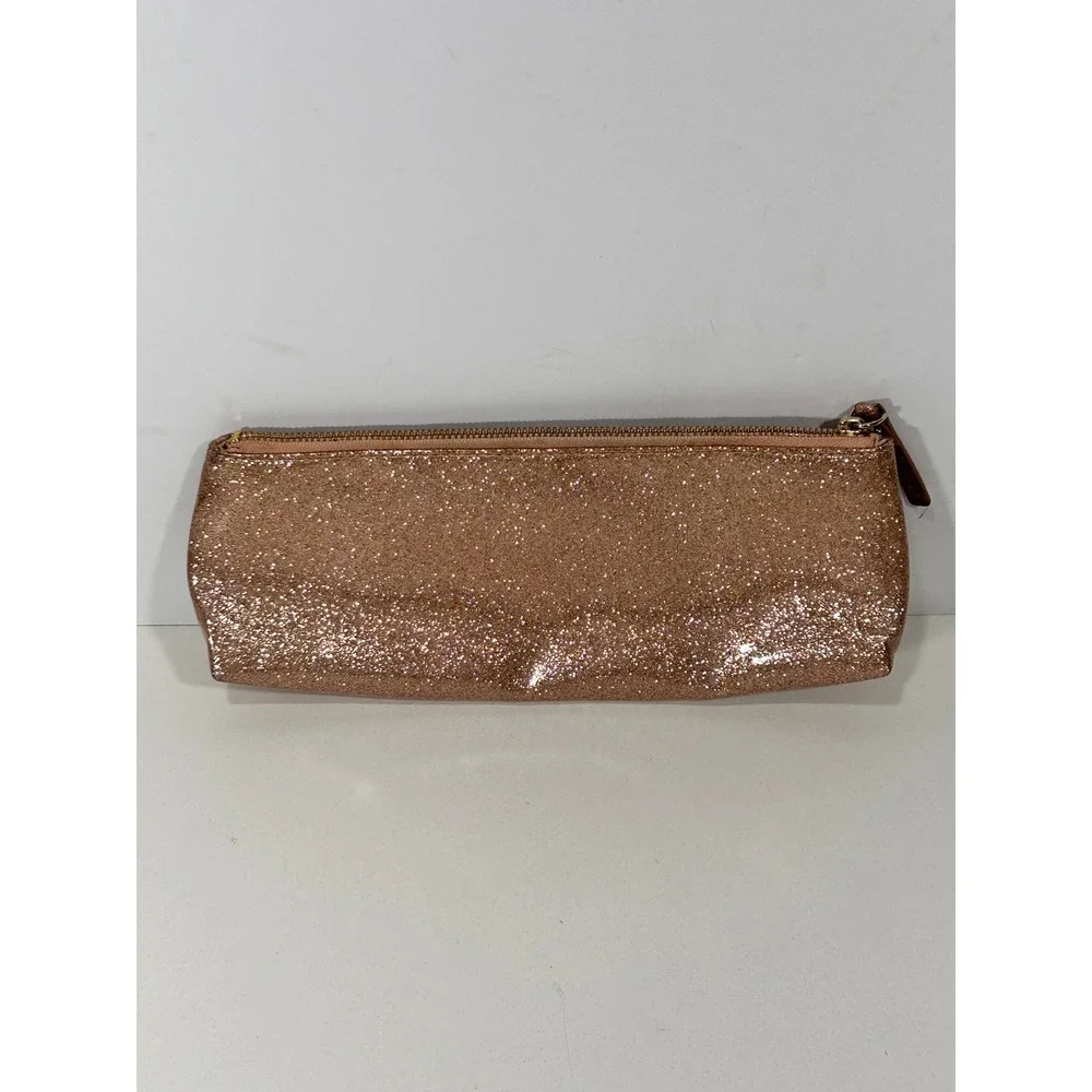 Kate Spade Rose Gold Glitter Zip Cosmetic Pouch Makeup Bag Polka Dot Lining
